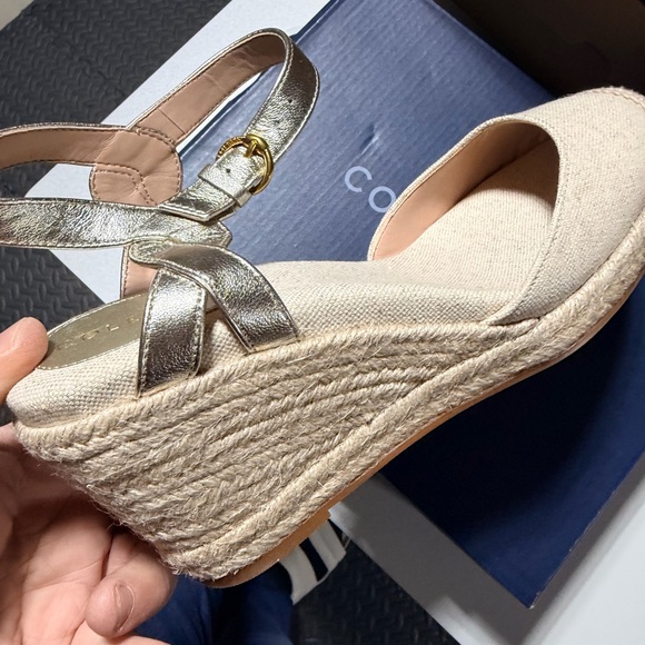 Cole Haan Shoes - Cole Haan Cream Canvas Espadrille Wedges with Gold Metallic Straps